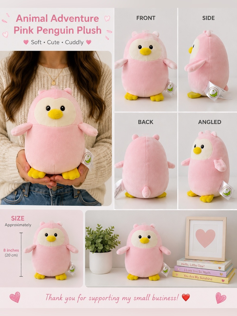 Animal Adventure Pink Penguin Plush Stuffed Animal 8" Soft Toy Yellow Feet 2020